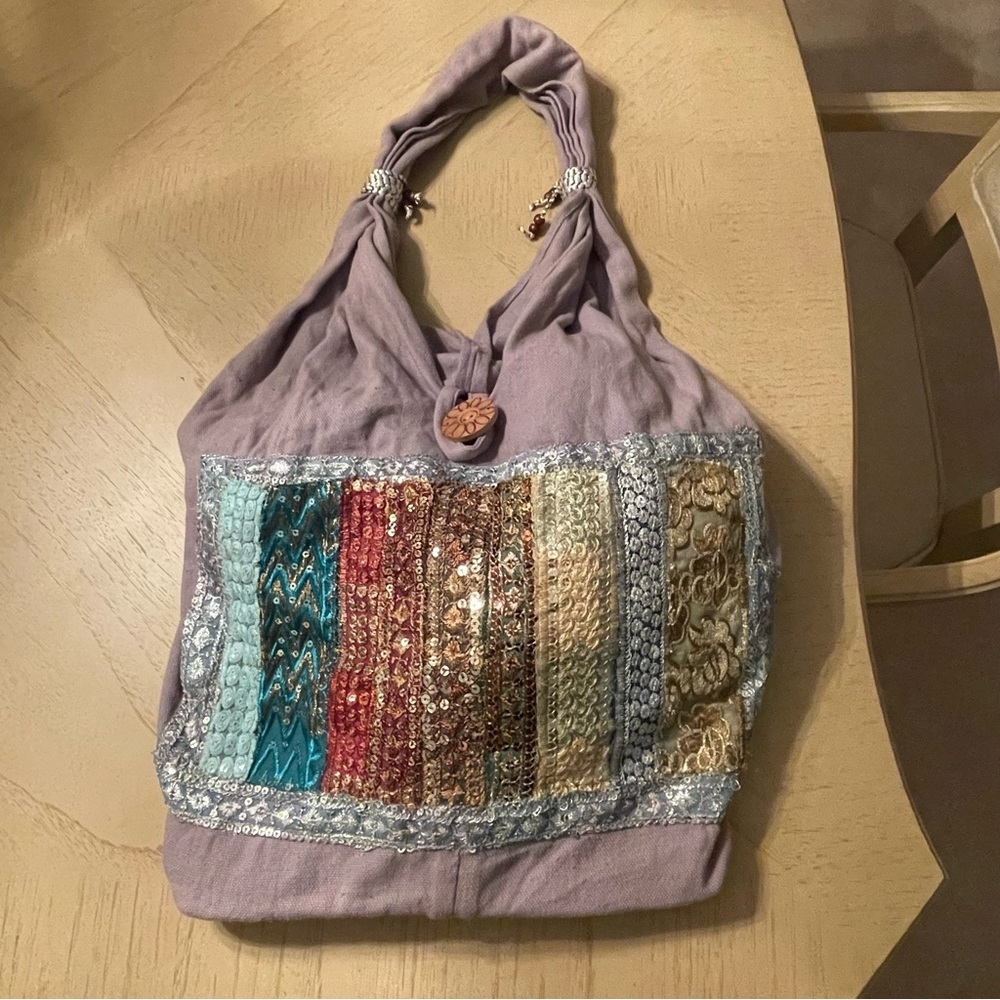 Soft Gray lilac Purple Boho Slouchy Tote with Sequin and Embroidered Details - Picture 2 of 12